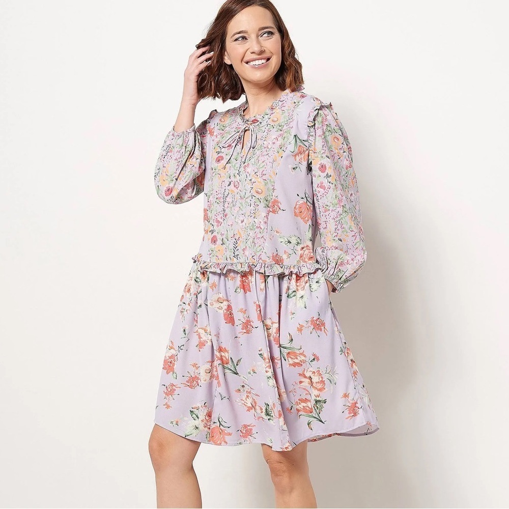 Tolani Mae Floral Ruffle Drop Waist Dress XS Lilac Long Sleeve NWT